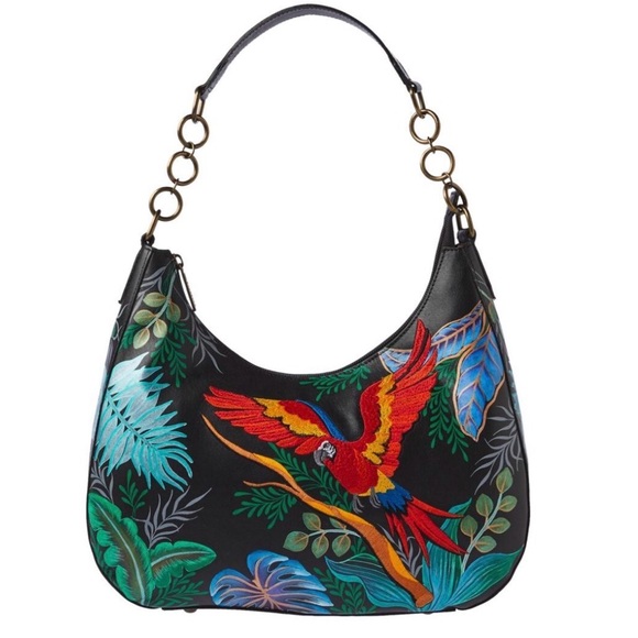 Anuschka hand-painted leather embroidered hobo bag “Macaw Forest